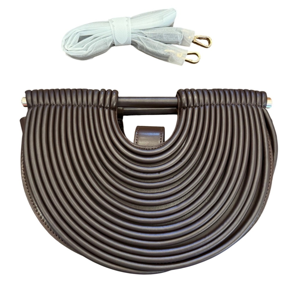 Brown Ribbed Concentric Ring Half Moon Handbag Crossbody Clutch